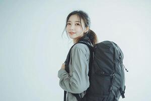 A woman with a backpack standing in front of a white background photo