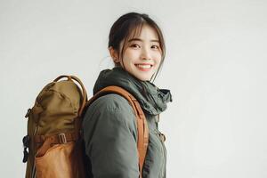 A woman with a backpack smiling photo