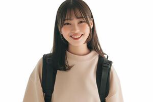 A woman with a backpack is smiling photo