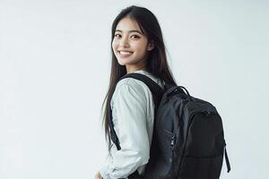 A woman with a backpack standing in front of a white background photo
