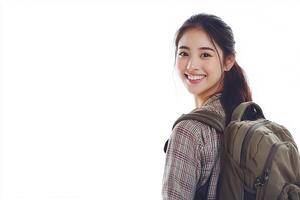 A woman with a backpack smiling photo