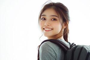 A young woman with a backpack smiling photo