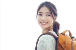 A woman with a backpack smiling photo