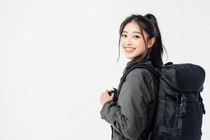Portrait of young asian woman with backpack isolated on white background photo
