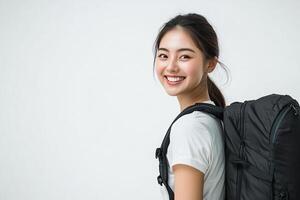Portrait of asian woman with backpack on white background photo