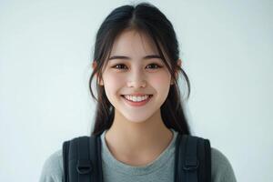 Asian girl smiling with backpack photo