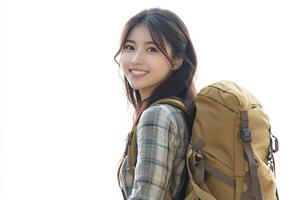 A woman with a backpack smiling photo