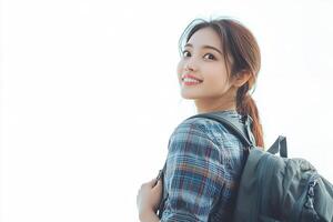 A woman with a backpack is smiling photo