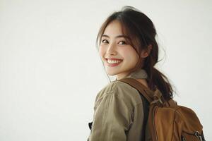 A woman with a backpack smiling photo