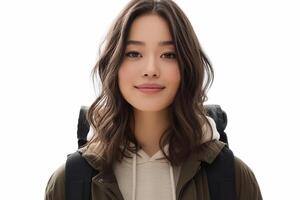 A woman with a backpack and a hoodie photo