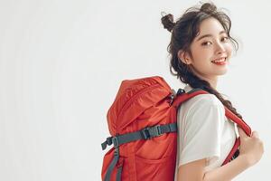 A woman with a backpack smiling photo