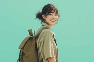 A woman with a backpack standing in front of a green background photo