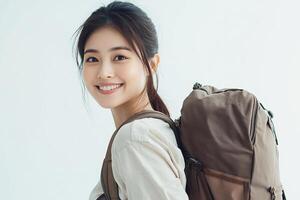 A woman with a backpack smiling photo