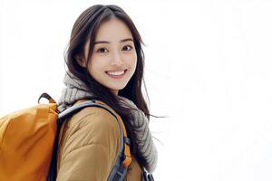 A young woman with a backpack smiling photo