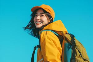 A woman in a yellow jacket and hat is smiling photo