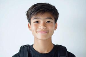 A young asian boy with a backpack smiling photo