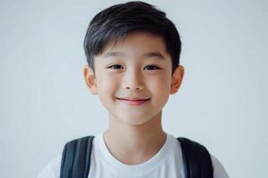 A young boy with a backpack smiling photo