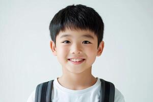 A young boy with a backpack smiling photo