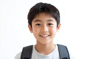 A young boy with a backpack smiling photo