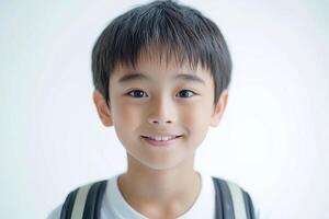 A young boy with a backpack smiling photo