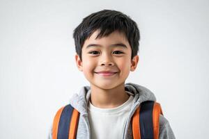 A young boy with a backpack smiling photo