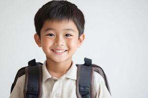 A young boy with a backpack smiling photo