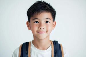 A young boy with a backpack and a smile photo