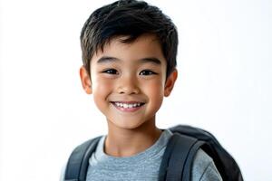 A young boy with a backpack smiles for the camera photo