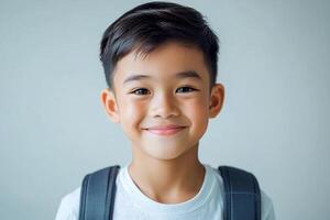 A young boy with a backpack smiling photo