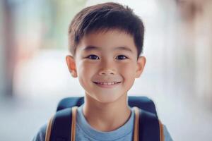 A young boy with a backpack smiling photo