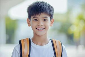A young boy with a backpack smiling photo