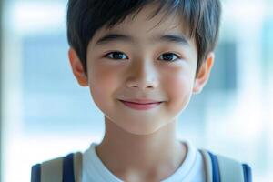 A young boy with a backpack smiling photo