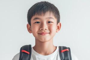 A young boy with a backpack smiling photo