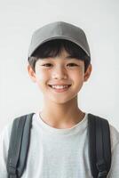 A young boy wearing a cap and a backpack photo