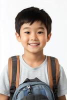 A young boy with a backpack smiling photo