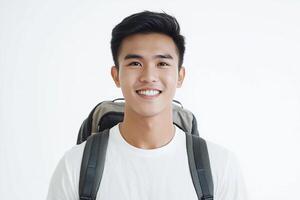 Asian young man with backpack smiling photo