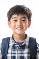 A young boy with a backpack smiling photo