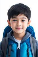 A young boy with a backpack and a smile photo