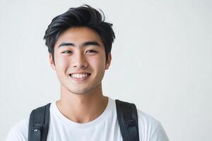 Asian young man with backpack smiling photo