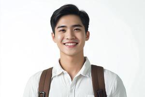 A young man with a backpack smiling photo