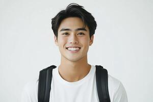 A young man with a backpack smiling photo