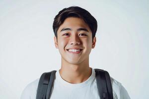 A young man with a backpack smiling photo