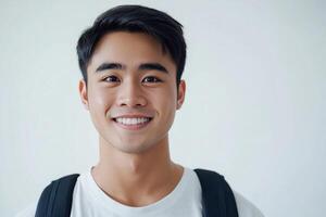 A young man with a backpack smiling photo
