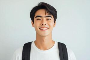 A young man with a backpack smiling photo
