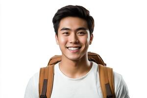 Asian man with backpack smiling photo