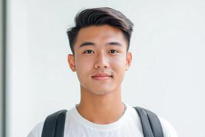 A young man with a backpack and white shirt photo