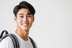 A young man with a backpack smiling photo