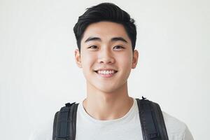 A young man with a backpack smiling photo