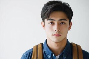 A young man with a backpack looking at the camera photo