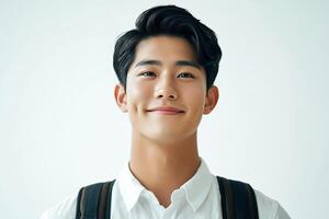 Young man with backpack smiling photo